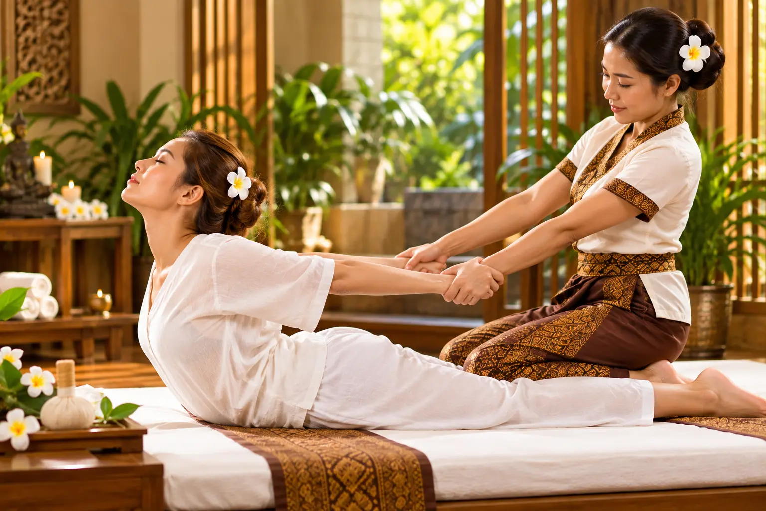 Serene Thai Massage Stretch in a Tropical Spa
